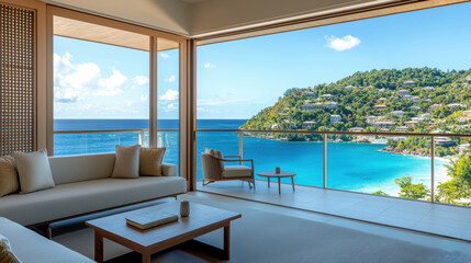 Fototapeta premium Luxurious coastal living room with panoramic ocean view, modern design, and serene surroundings, showcasing tropical landscape and relaxation space