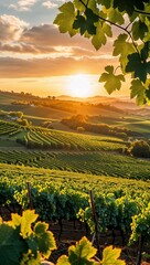 An enchanting panorama unfolds as the sun rises over a sprawling vineyard. The golden light bathes the rolling green hills in a warm glow, casting a cinematic quality over the landscape. 