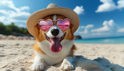 A Corgi wearing heart-shaped sunglasses and a sun hat
