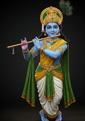 Obraz premium Elegant Krishna Figurine Playing Flute in Traditional Attire with Vibrant Colors