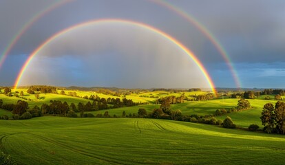 Naklejka premium A vibrant double rainbow arches over a lush green countryside,