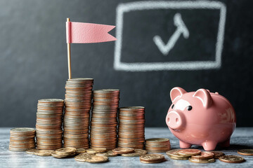 Stairs of coins and a piggy bank on a grey background with a chalk flag sign