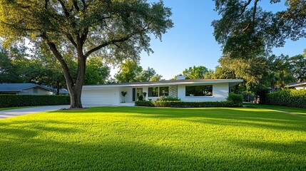 Bright white suburban home with clean lines a large leafy tree in the yard lush green grass under clear blue skies wide shot. 