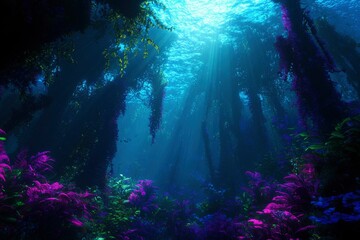 Underwater forest landscape with plants, light rays, depth, and vibrant colors