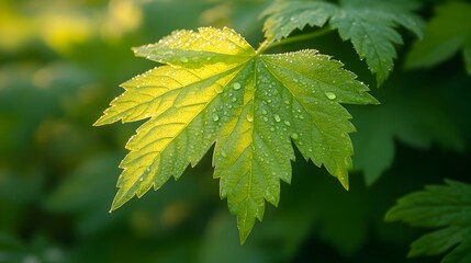 A vibrant green leaf with dew drops glistens in the sunlight showcasing its intricate vein patterns and fresh texture.