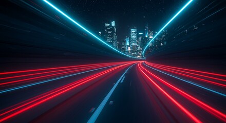 Captivating Light Trails of a City Highway at Night with Urban Skyline