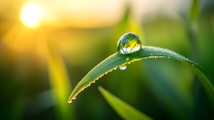 A glistening dewdrop clings to a vibrant green blade of grass at sunrise reflecting the warm golden light.