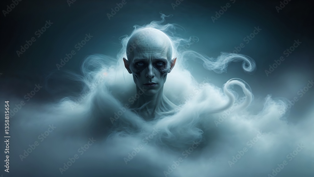 Poster ethereal figure emerges from mist in a dark, atmospheric setting creating a haunting yet captivating