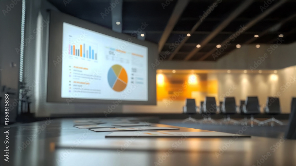 Poster modern conference room prepared for a corporate presentation with detailed data visualizations displ