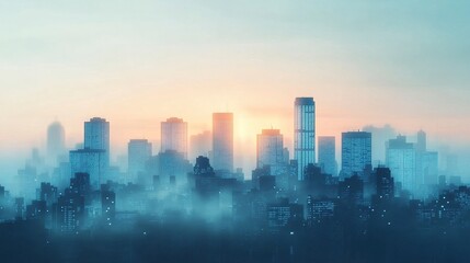 Obraz premium Cityscape with foggy silhouettes of buildings and houses glowing windows creating contrast horizontal tileable layout clean vector aesthetic. 