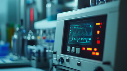 Focus on the digital display of a laboratory analyzer highlighting various readings and metrics. The setting features lab equipment and glassware, indicating ongoing experiments.