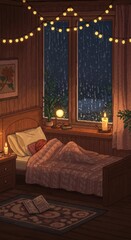Fototapeta premium Cozy Bedroom with Rainy Night View and Warm Lighting. Lofi room art style. Pixel art phone wallpaper