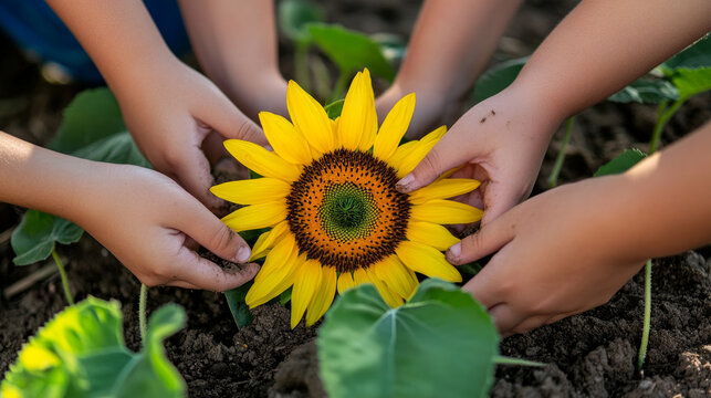 Close-up of hands carefully planting sunflower seeds in rich soil, demonstrating a nurturing activity that encourages growth and enriching the environment.