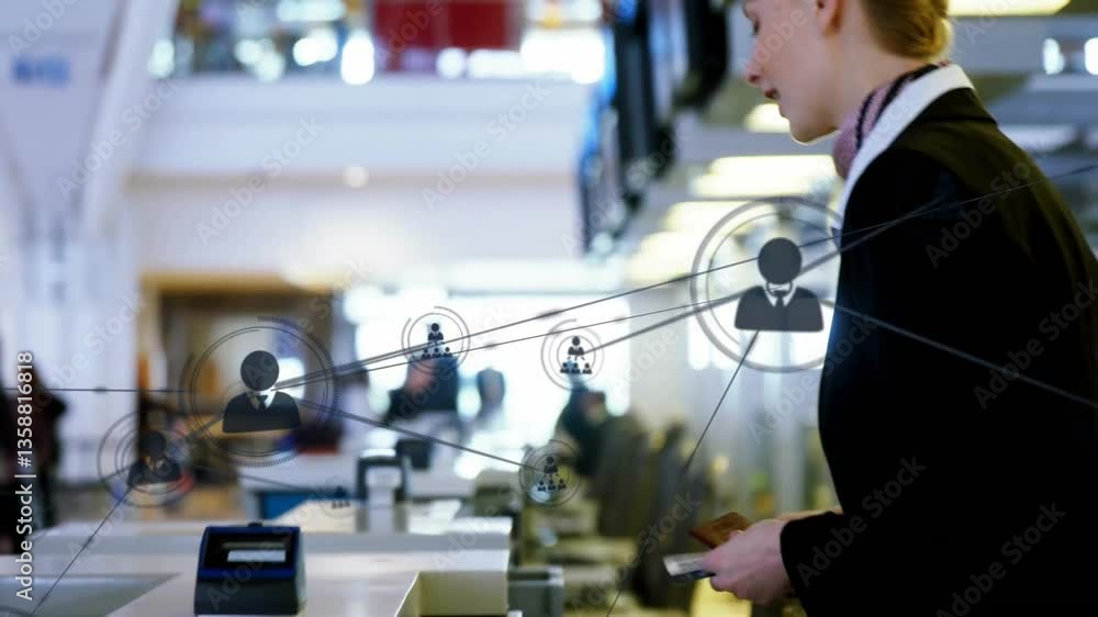 Poster using office equipment, person processing data in network connections animation