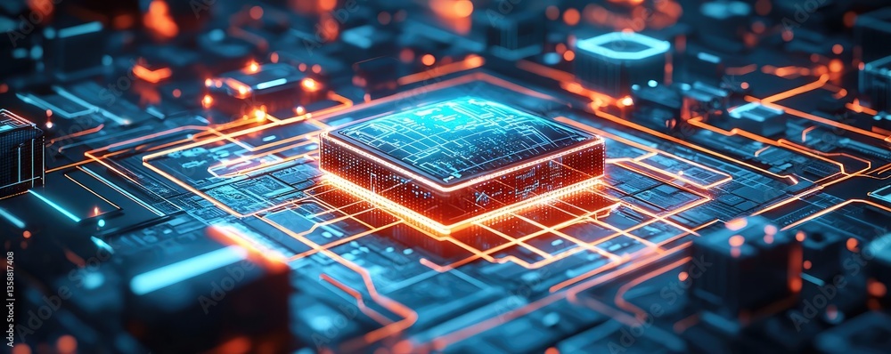 Poster earth at night with global finance and world map concept. close-up view of a glowing microchip on a 