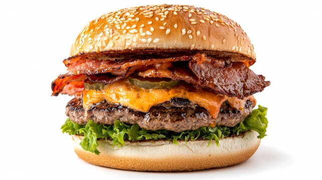 Delicious Bacon Cheeseburger with Lettuce and Sesame Bun A mouthwatering gourmet burger