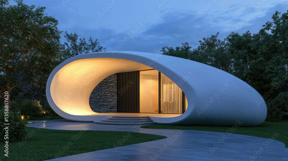 Poster modern architectural design featuring a unique curved structure at twilight with illuminated entranc