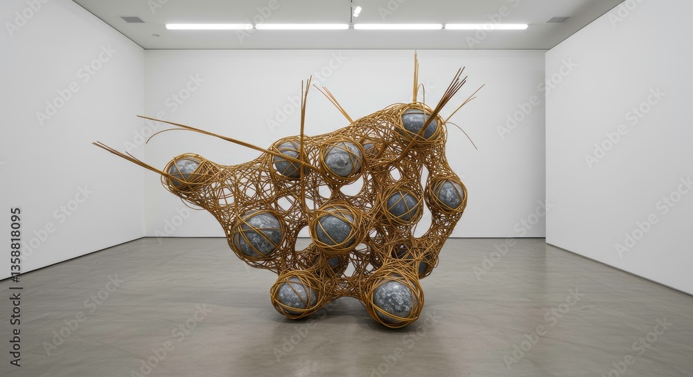 Poster abstract modern sculpture intricate wire mesh with stone spheres in gallery setting
