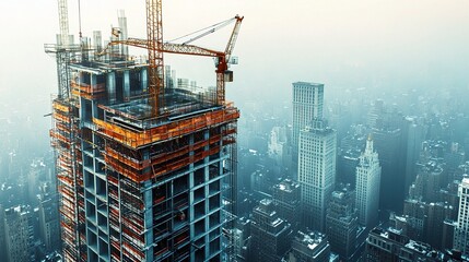 Modern Skyscraper Under Construction with Scaffolding and Cranes
