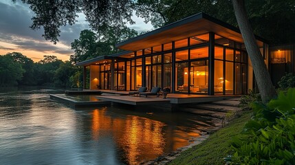 Obraz premium Contemporary house by the river large glass walls warm evening glow water gently rippling atmospheric lighting wide-angle perspective. 
