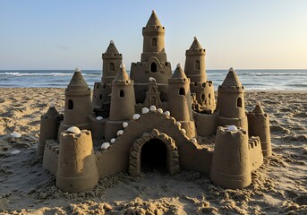 Impressive Sandcastle Structure on Sandy Beach with Ocean View