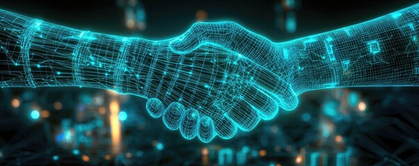 Handshake over cityscapes showing trust and digital connection concept. Digital handshake symbolizing partnership in technology.