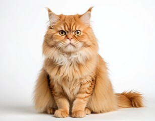 Fluffy Ginger Persian Cat Sitting on White Background
