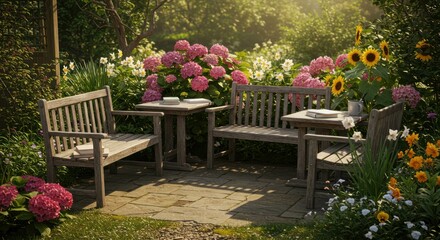 Serene garden scene with benches, flowers, table, books and mug,