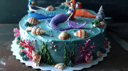 A cake with an under-the-sea theme, featuring mermaids, shells, and aquatic colors, perfect for an ocean-themed party