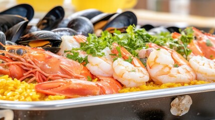 Colorful Seafood Platter Featuring Shrimp and Mussels on Yellow Rice