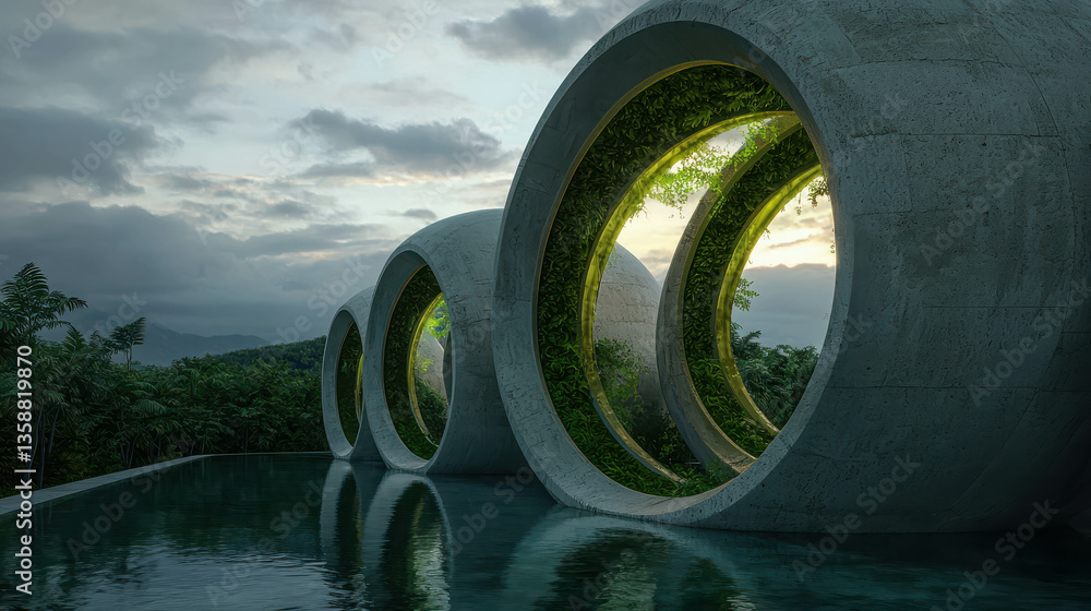 Poster unique architectural design with circular window elements surrounded by lush greenery