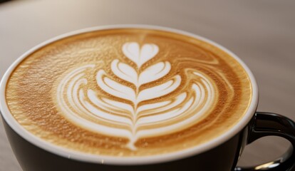 Close-up of a latte with a heart design on a light wooden table,