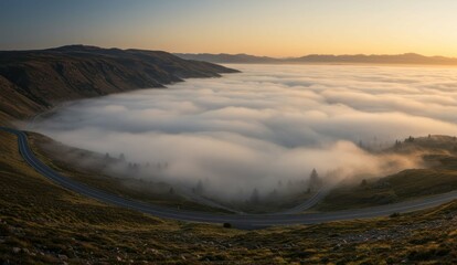 Scenic mountain road winds through a misty landscape at sunrise,