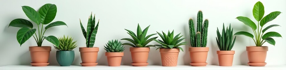 Fototapeta premium Various indoor decorative house plants in pots including succulents, cacti, and tropical leaves Perfect for home or office gardens, pots, flat icons