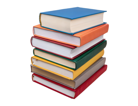 Stack of vividly colored books, floating effect on transparent background, high-quality PNG cutout for design projects