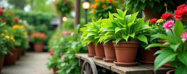 Vibrant green plant pot displayed on rustic flower cart in botanical nursery,  outdoor,  vibrant