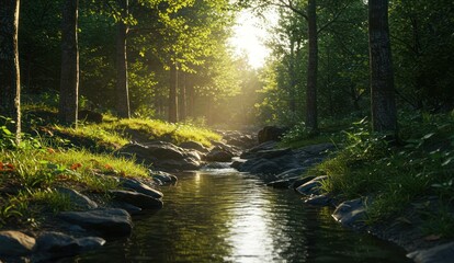 Sunlit stream flows through lush green forest landscape,