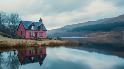 Fototapeta premium Cozy pink cottage overlooking Loch Glass calm waters reflecting the sky and hills nostalgic 35mm film grain and moody tones. 