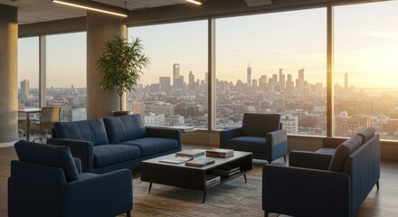 Fototapeta premium Modern office interior with skyline view and blue contemporary furniture,