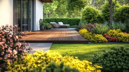 Cozy suburban home with white walls wooden deck bordered by vibrant bushes lush green grass in the foreground inviting atmosphere.  