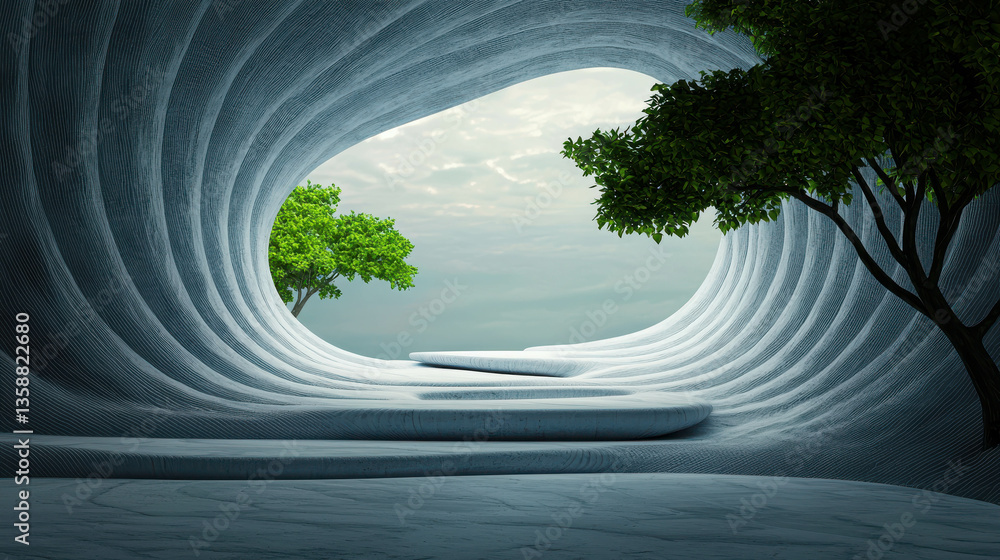 Poster futuristic natural landscape with curved structures and lush green trees in an open space