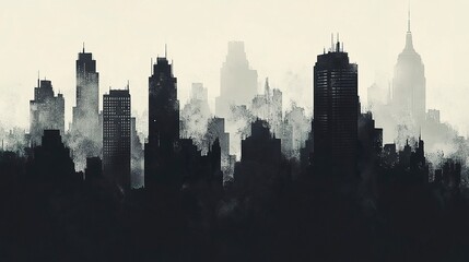 Fototapeta premium Dense cityscape silhouette with layered black buildings varied heights creating depth on a simple monochromatic background. 