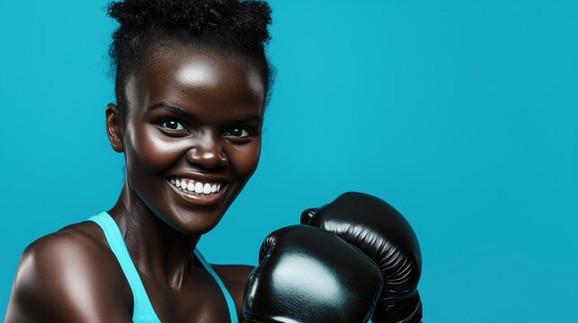 Toned African woman wearing boxing gloves. A young athletic girl with melanated skin on a box training