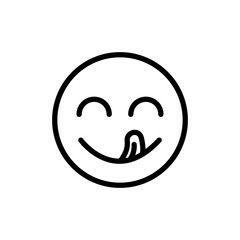 Yummy smile emoji with tongue lick mouth. Delicious tasty food symbol for social network. Yummy and hungry line icon. Savory gourmet. Enjoy food sign. Vector illustration isolated on white background.