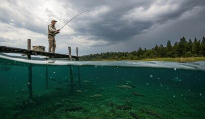 Angler fishing off a pier, split view with fish swimming underwater,
