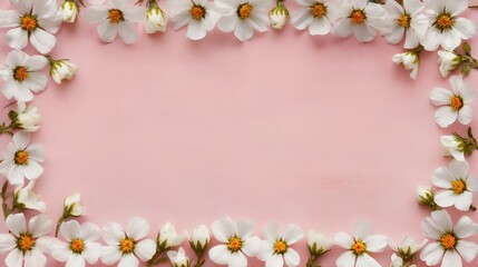 Fototapeta premium Floral background image with a rectangular arrangement of white flowers surrounding a soft pink background. This image suggests a charming and decorative border that emphasizes the floral theme.