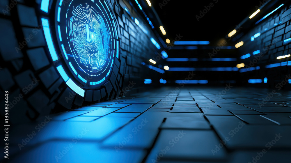Poster futuristic digital corridor with neon lights and abstract patterns on dark surface
