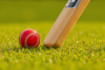 Cricket bat striking a red ball on grassy field  