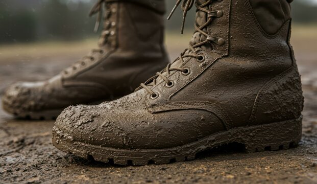 Mud-covered combat boots on wet ground, - Powered by Adobe