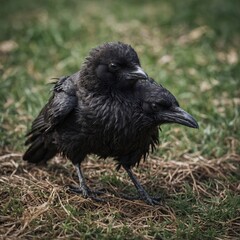 A baby crow with fluffy feathers, looking adorable.




